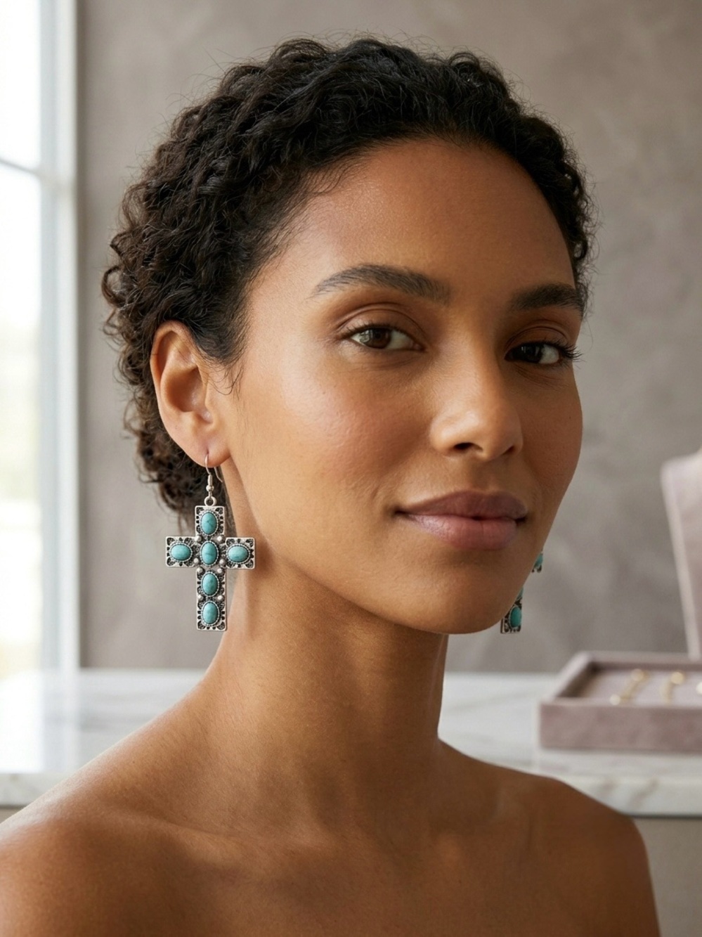 16: Reconstituted Turquoise Cross Drop Earrings